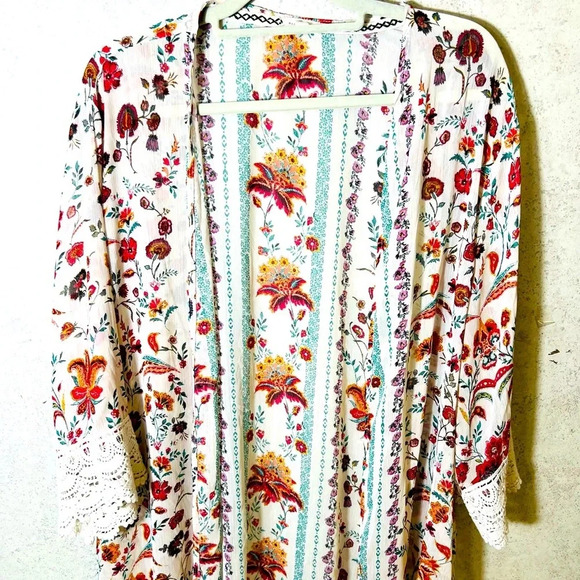 MASON & BELLE 1X PLUS WOMENS FLOWERY EMBROIDERY WHIMSICAL COASTAL BEACH CARDIGAN - Picture 1 of 6